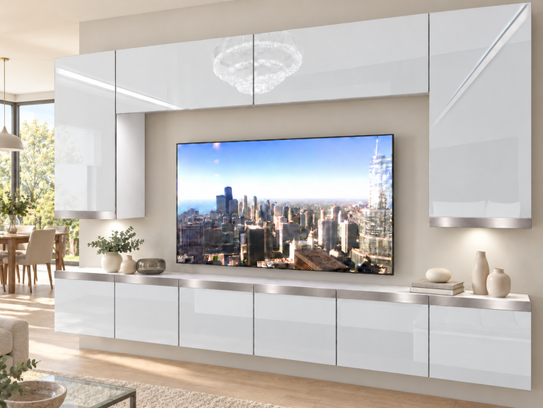 Composition murale Prestige 300 cm TV/RTV blanche brillante Fabricant IMP P Monroe 2/5/W/W/0/0/SL