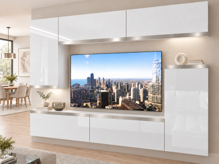 Composition murale Prestige 250 cm TV/RTV blanche brillante Fabricant IMP P Woody 8/5/W/W/0/0/SL