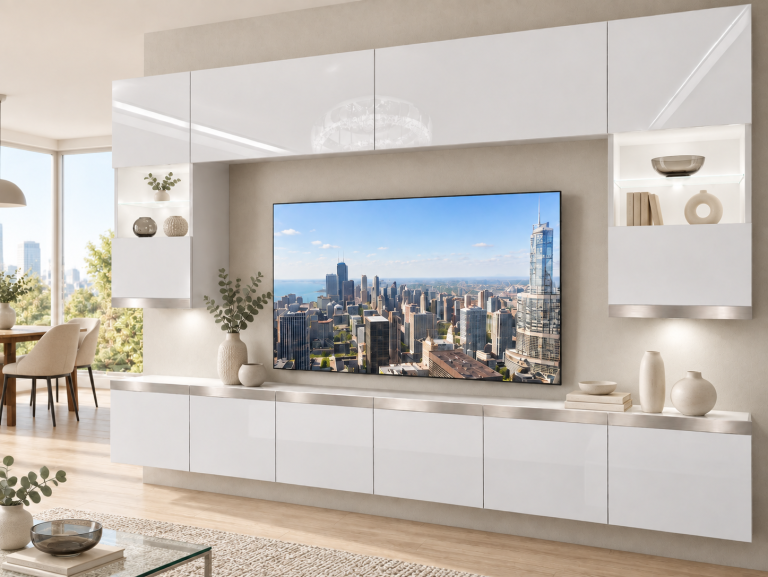 Composition murale Prestige 300 cm TV/RTV blanche brillante Fabricant IMP P1 Nolan 1/5/W/W/0/0/SL