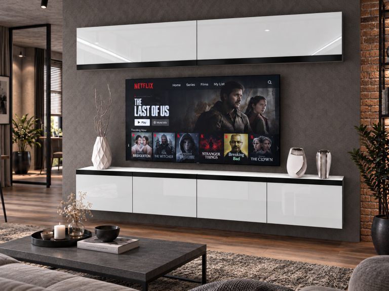 Composition murale Prestige 200 cm TV/RTV blanche brillante Fabricant IMP P Brando 6/5/W/W/0/0/CM
