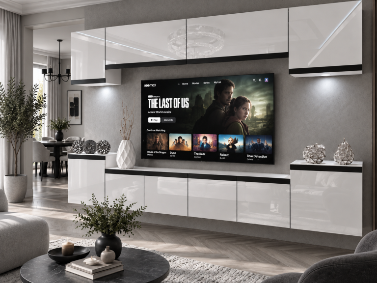 Composition murale Prestige 300 cm TV/RTV blanche brillante Fabricant IMP P Hepburn 4/5/W/W/0/0/CM