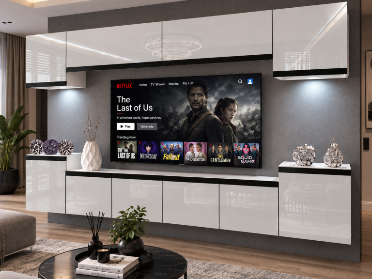 Composition murale Prestige 300 cm TV/RTV blanche brillante Fabricant IMP P Hepburn 4/5/W/W/0/0/CM