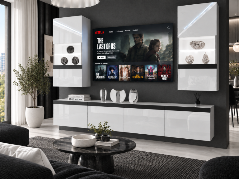 Composition murale Prestige 200 cm TV/RTV blanche brillante Fabricant IMP P Keanu 7/5/W/W/0/0/CM