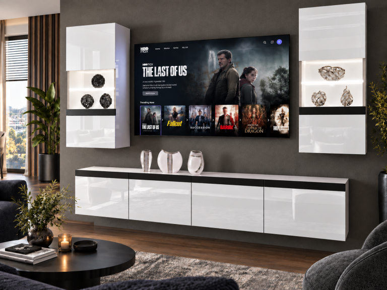 Composition murale Prestige 200 cm TV/RTV blanche brillante Fabricant IMP P Keanu 7/5/W/W/0/0/CM