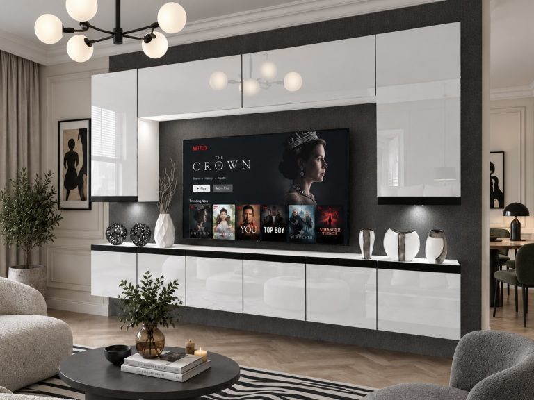 Composition murale Prestige 300 cm TV/RTV blanche brillante Fabricant IMP P Monroe 2/5/W/W/0/0/CM