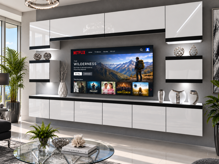 Composition murale Prestige 300 cm TV/RTV blanche brillante Fabricant IMP P Tarantino 3/5/W/W/0/0/CM