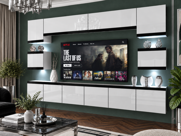Composition murale Prestige 300 cm TV/RTV blanche brillante Fabricant IMP P Tarantino 3/5/W/W/0/0/CM