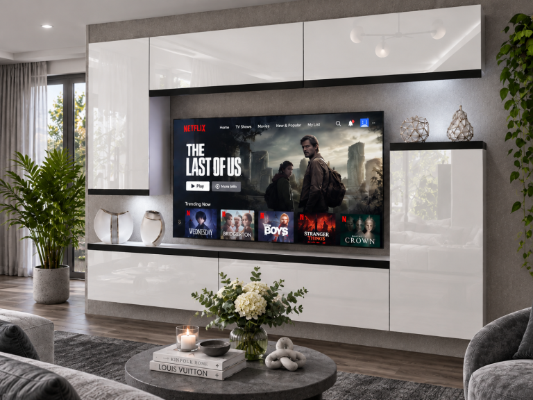 Composition murale Prestige 250 cm TV/RTV blanche brillante Fabricant IMP P Woody 8/5/W/W/0/0/CM