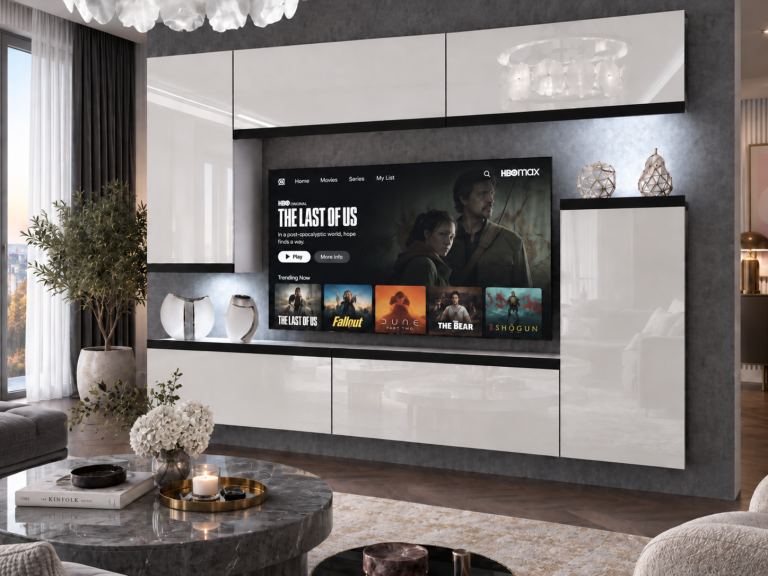 Composition murale Prestige 250 cm TV/RTV blanche brillante Fabricant IMP P Woody 8/5/W/W/0/0/CM