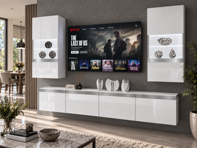 Composition murale Prestige 200 cm TV/RTV blanche brillante Fabricant IMP P Keanu 7/5/W/W/0/0/SL