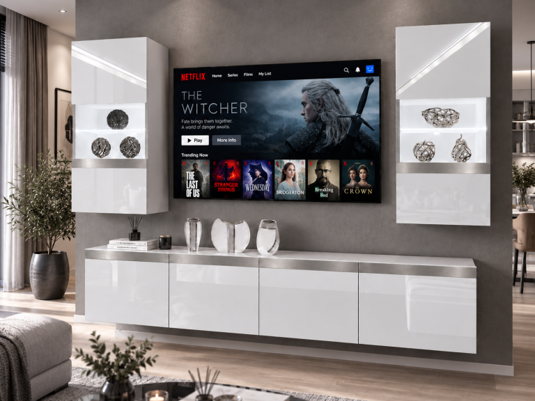 Composition murale Prestige 200 cm TV/RTV blanche brillante Fabricant IMP P Keanu 7/5/W/W/0/0/SL