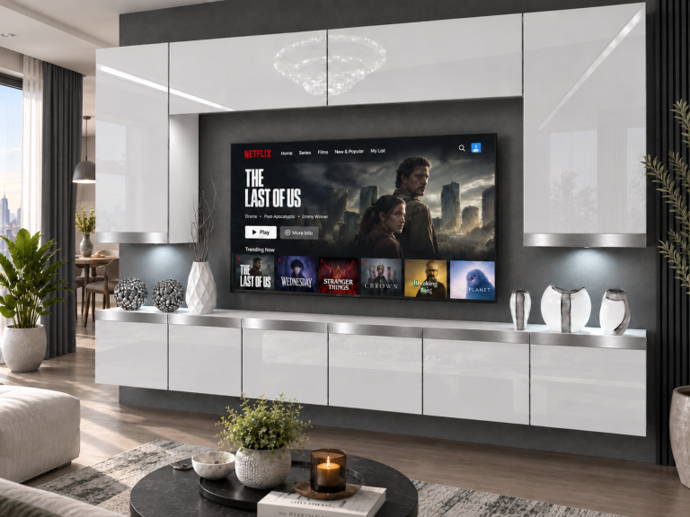 Composition murale Prestige 300 cm TV/RTV blanche brillante Fabricant IMP P Monroe 2/5/W/W/0/0/SL
