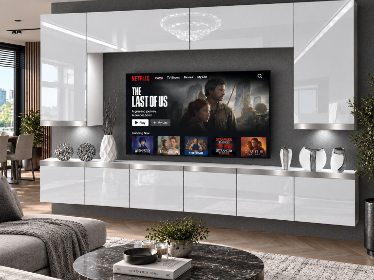 Composition murale Prestige 300 cm TV/RTV blanche brillante Fabricant IMP P Monroe 2/5/W/W/0/0/SL