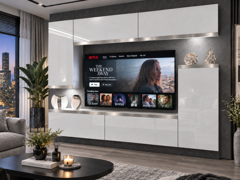 Composition murale Prestige 250 cm TV/RTV blanche brillante Fabricant IMP P Woody 8/5/W/W/0/0/SL
