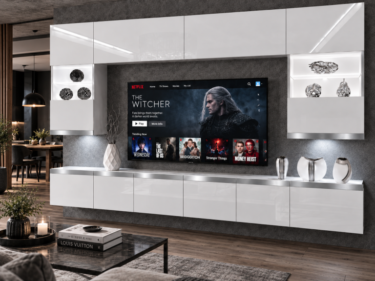 Composition murale Prestige 300 cm TV/RTV blanche brillante Fabricant IMP P1 Nolan 1/5/W/W/0/0/SL