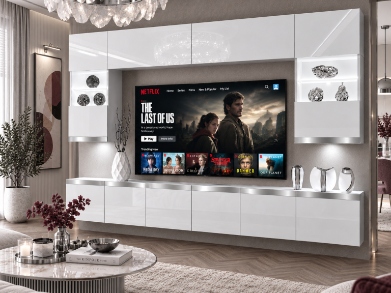 Composition murale Prestige 300 cm TV/RTV blanche brillante Fabricant IMP P1 Nolan 1/5/W/W/0/0/SL