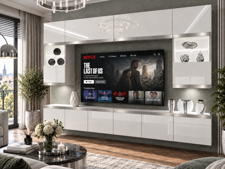 Composition murale Prestige 300 cm TV/RTV blanche brillante Fabricant IMP P2 Nolan 1/5/W/W/0/0/SL