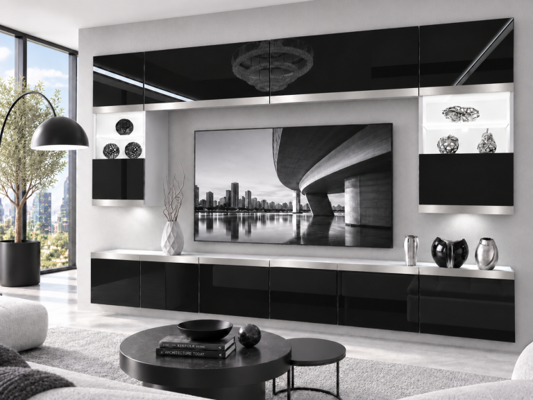 Composition murale Prestige 300 cm TV/RTV noire brillante Fabricant IMP P2 Nolan 1/5/W/B/0/0/SL