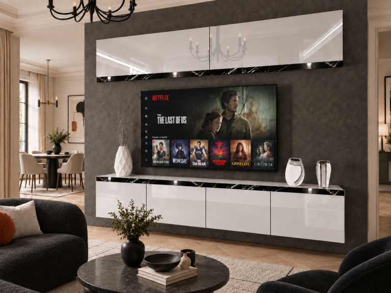 Composition murale Prestige 200 cm TV/RTV blanche brillante Fabricant IMP P Brando 6/5/W/W/0/0/CS