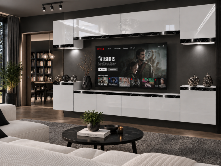 Composition murale Prestige 300 cm TV/RTV blanche brillante Fabricant IMP P Hepburn 4/5/W/W/0/0/CS