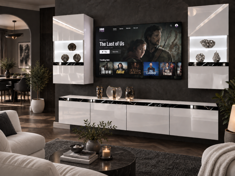 Composition murale Prestige 200 cm TV/RTV blanche brillante Fabricant IMP P Keanu 7/5/W/W/0/0/CS