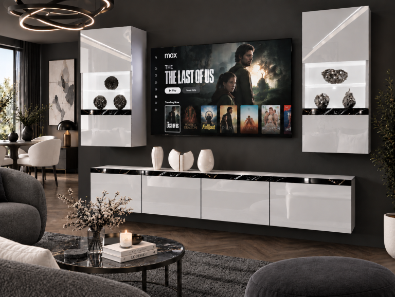 Composition murale Prestige 200 cm TV/RTV blanche brillante Fabricant IMP P Keanu 7/5/W/W/0/0/CS
