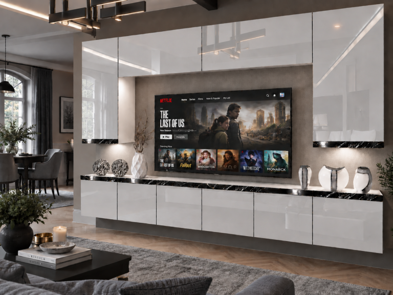 Composition murale Prestige 300 cm TV/RTV blanche brillante Fabricant IMP P Monroe 2/5/W/W/0/0/CS