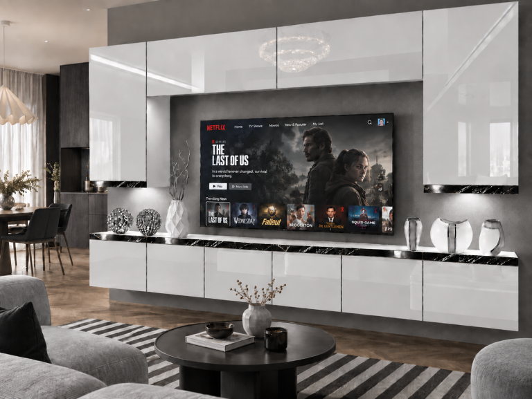 Composition murale Prestige 300 cm TV/RTV blanche brillante Fabricant IMP P Monroe 2/5/W/W/0/0/CS