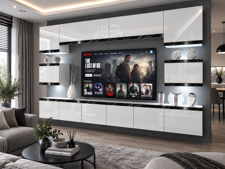 Composition murale Prestige 300 cm TV/RTV blanche brillante Fabricant IMP P Tarantino 3/5/W/W/0/0/CS