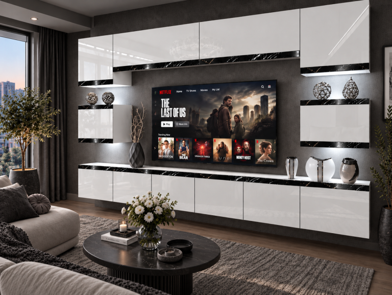 Composition murale Prestige 300 cm TV/RTV blanche brillante Fabricant IMP P Tarantino 3/5/W/W/0/0/CS