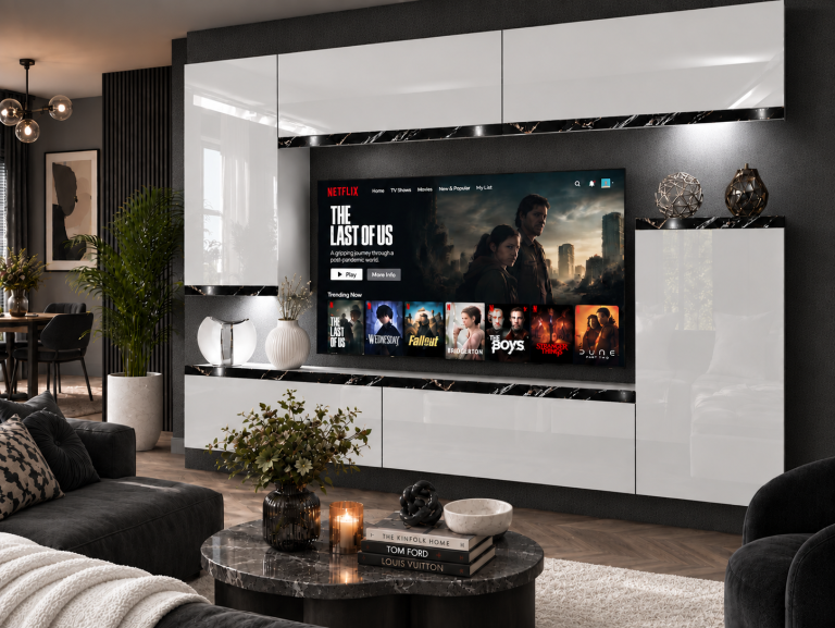 Composition murale Prestige 250 cm TV/RTV blanche brillante Fabricant IMP P Woody 8/5/W/W/0/0/CS