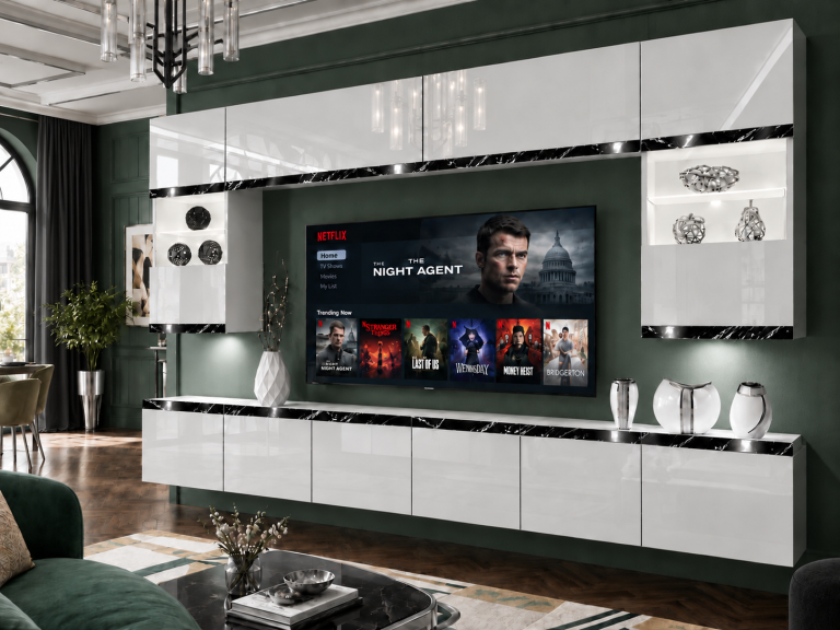 Composition murale Prestige 300 cm TV/RTV blanche brillante Fabricant IMP P2 Nolan 1/5/W/W/0/0/CS