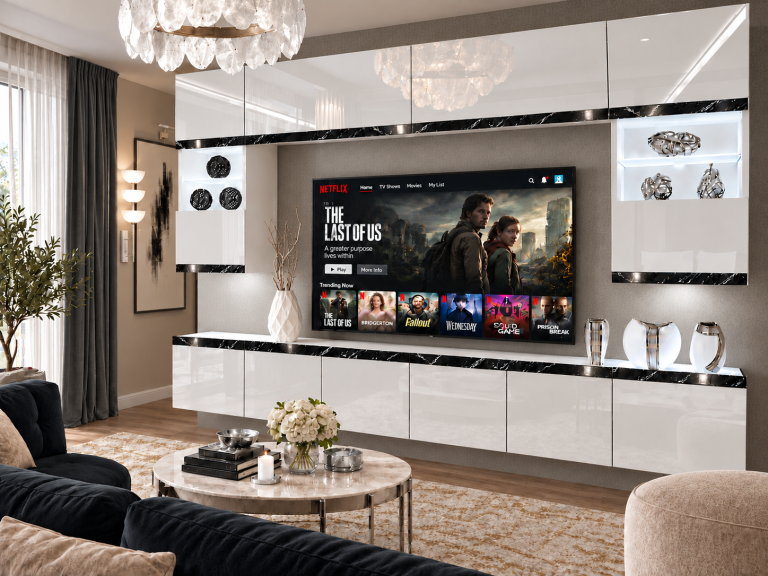 Composition murale Prestige 300 cm TV/RTV blanche brillante Fabricant IMP P2 Nolan 1/5/W/W/0/0/CS