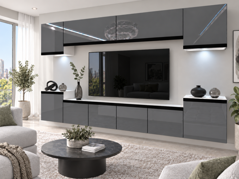 Meblościanka Prestige 300 cm TV/RTV szara połysk Producent IMP P Hepburn 4/5/W/S/0/0/CM