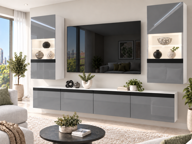 Composition murale Prestige 200 cm TV/RTV grise brillante Fabricant IMP P Keanu 7/5/W/S/0/0/CM