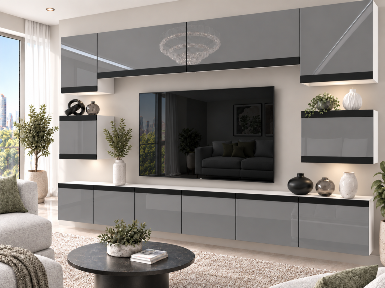 Composition murale Prestige 300 cm TV/RTV grise brillante Fabricant IMP P Tarantino 3/5/W/S/0/0/CM