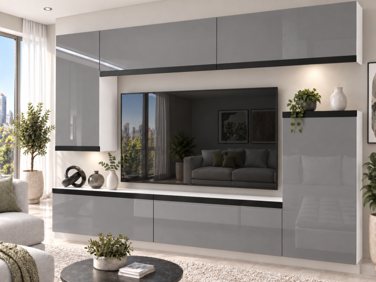 Composition murale Prestige 250 cm TV/RTV grise brillante Fabricant IMP P Woody 8/5/W/S/0/0/CM