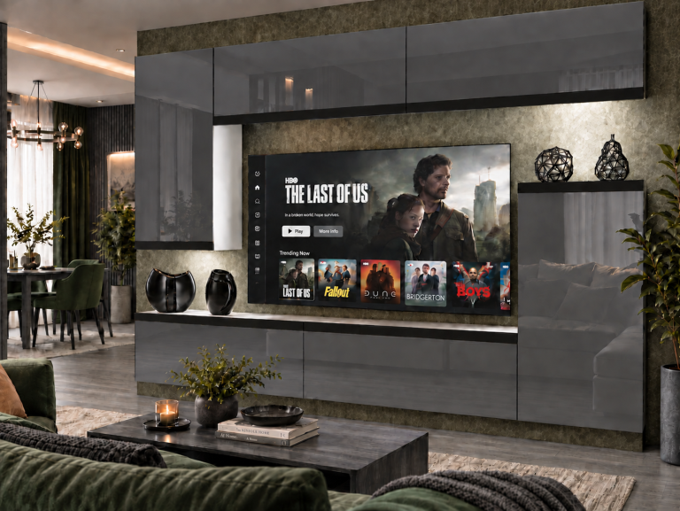 Composition murale Prestige 250 cm TV/RTV grise brillante Fabricant IMP P Woody 8/5/W/S/0/0/CM
