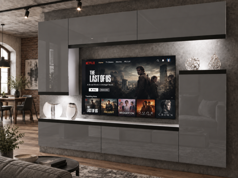 Composition murale Prestige 250 cm TV/RTV grise brillante Fabricant IMP P Woody 8/5/W/S/0/0/CM