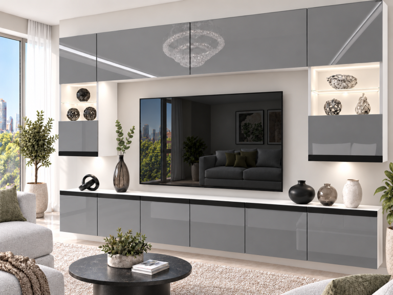 Composition murale Prestige 300 cm TV/RTV grise brillante Fabricant IMP P1 Nolan 1/5/W/S/0/0/CM