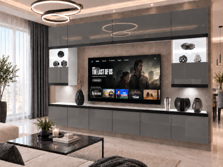 Meblościanka Prestige 300 cm TV/RTV szara połysk Producent IMP P2 Nolan 1/5/W/S/0/0/CM