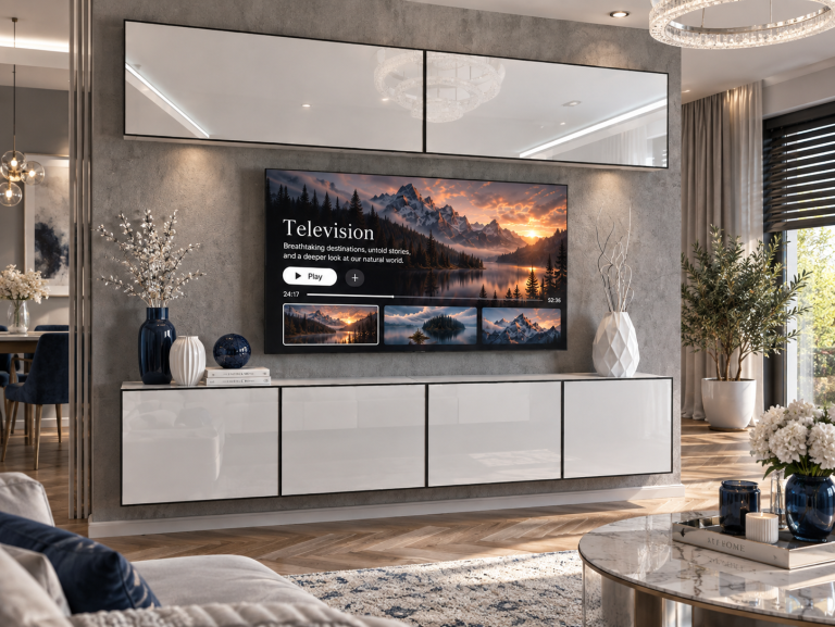 Composition murale Linea 200 cm TV/RTV blanche brillante Fabricant IMP L Brando 6/5/W/W/0/0