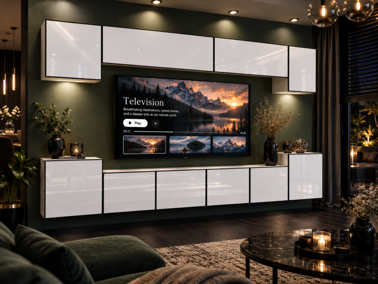 Composition murale Linea 300 cm TV/RTV blanche brillante Fabricant IMP L Hepburn 4/5/W/W/0/0