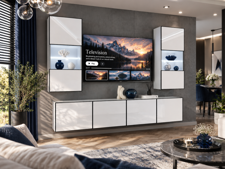 Composition murale Linea 200 cm TV/RTV blanche brillante Fabricant IMP L Keanu 7/5/W/W/0/0