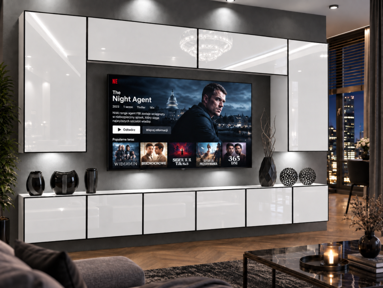 Composition murale Linea 300 cm TV/RTV blanche brillante Fabricant IMP L Monroe 2/5/W/W/0/0