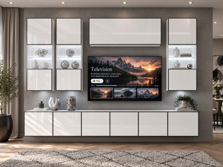 Composition murale Linea 300 cm TV/RTV blanche brillante Fabricant IMP L Pacino 5/5/W/W/0/0