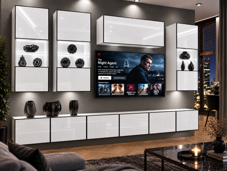 Composition murale Linea 300 cm TV/RTV blanche brillante Fabricant IMP L Pacino 5/5/W/W/0/0