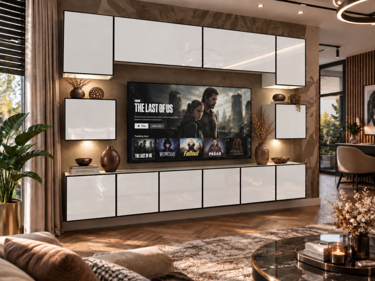 Composition murale Linea 300 cm TV/RTV blanche brillante Fabricant IMP L Tarantino 3/5/W/W/0/0