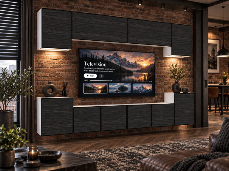 Meblościanka Linea 300 cm TV/RTV czarna heban Producent IMP L Hepburn 4/5/W/HK/0/0
