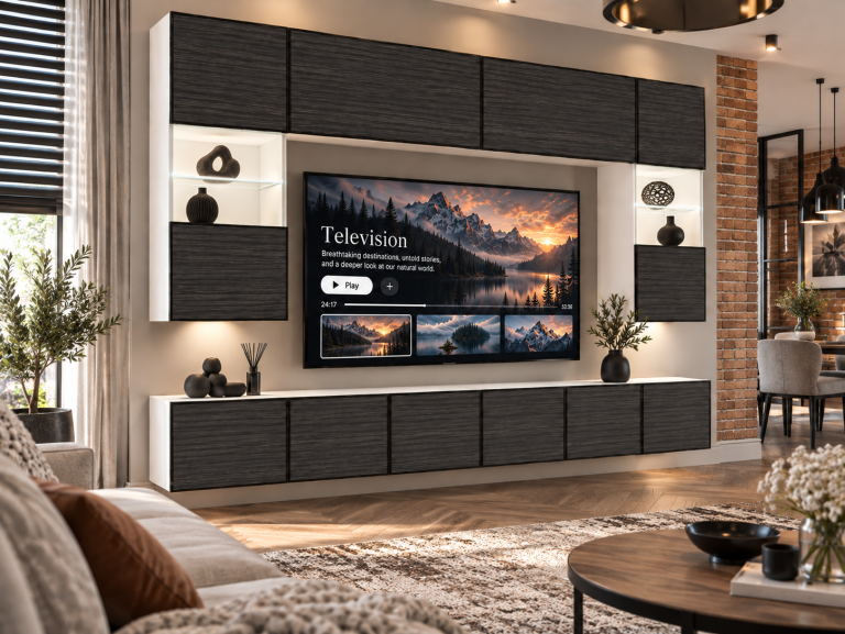 Meblościanka Linea 300 cm TV/RTV czarna heban Producent IMP L Nolan 1/5/W/HK/0/0
